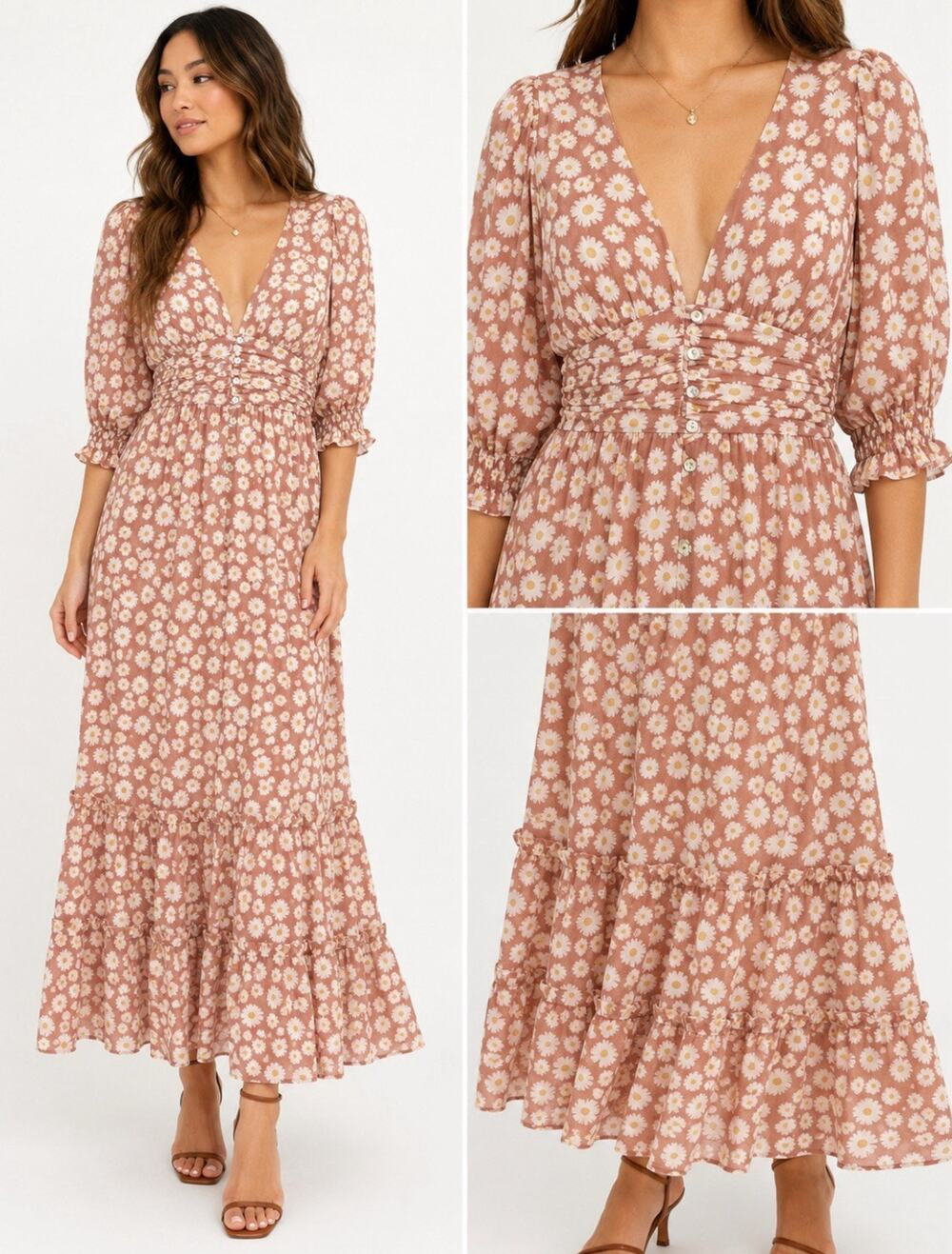 Cottagecore Altar'd State Women's Tiered Maxi Dress Size M Brown Daisy Print